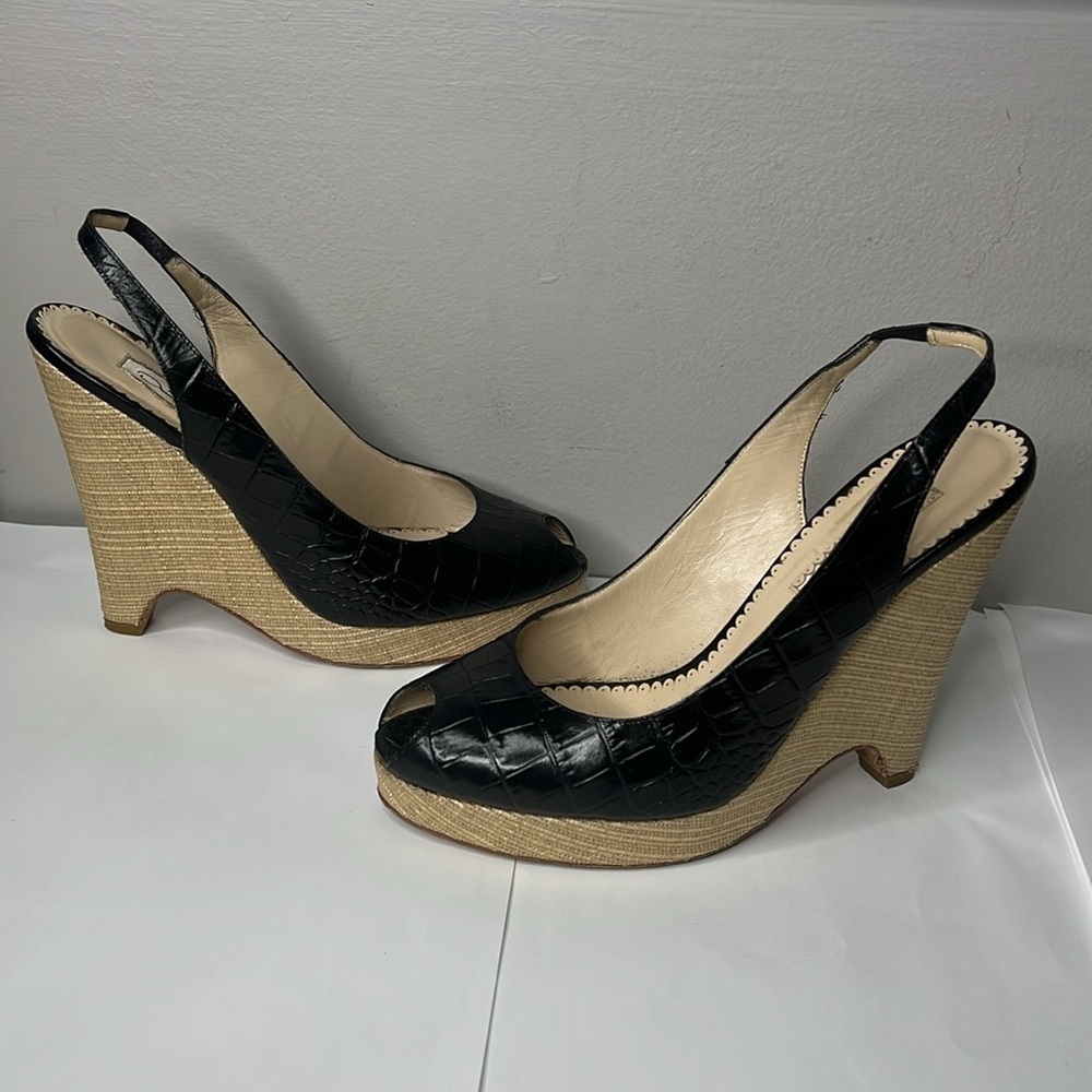 Oscar De La Renta Sz 40 / Us 9 Black Crock Leather 5â Linen Wrapped Wedge Heel